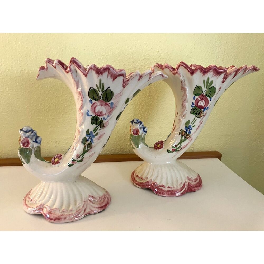 Pair of floral cornucopia vases